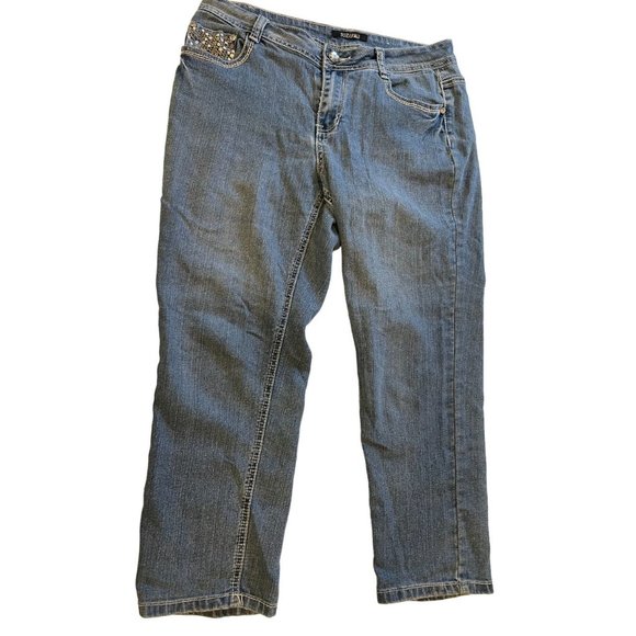 Roz & Ali Womens Jeans Straight Leg Mid Rise Stretch Sequin Pockets Blue Size 10 - Picture 1 of 10